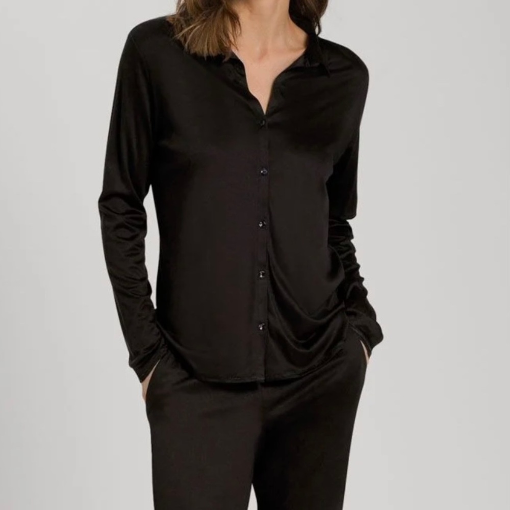 HANRO Grand Central Long Sleeve Silk Blend Button Up Shirt Black Beauty SZ XS